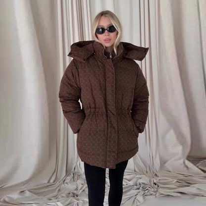 Damen Steppjacke mit Kapuze und Kordelzug, kurzer Puffermantel, gemustert