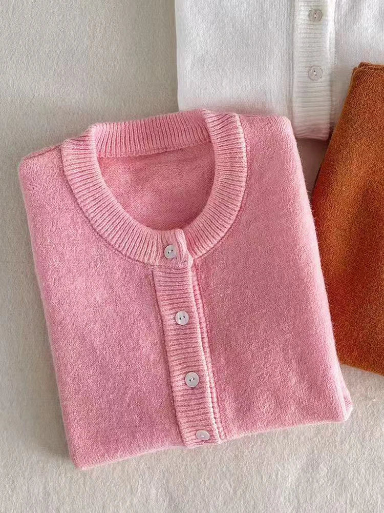 Damen Cardigan Rundhals Strickjacke mit Knöpfen
