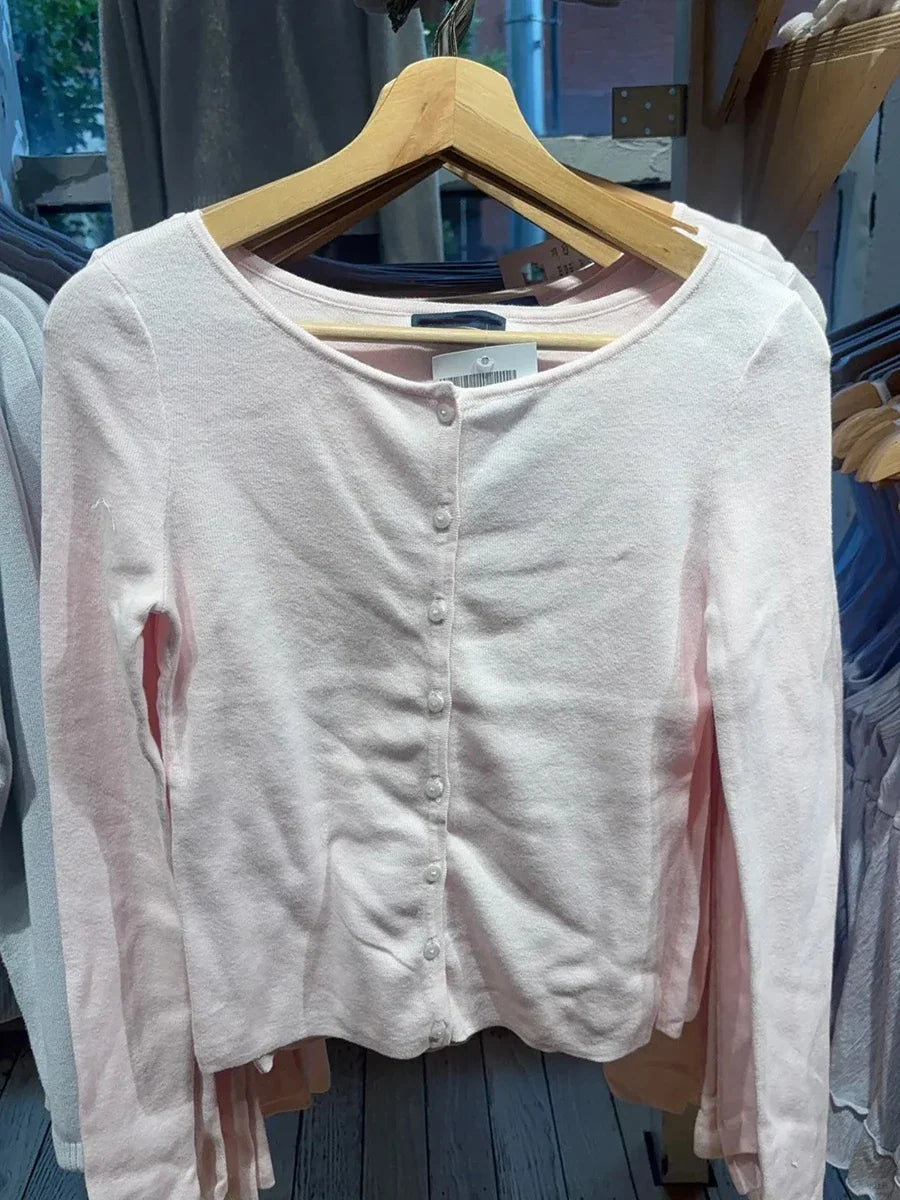 Damen Langarm Stricktop Rosa mit Knöpfen