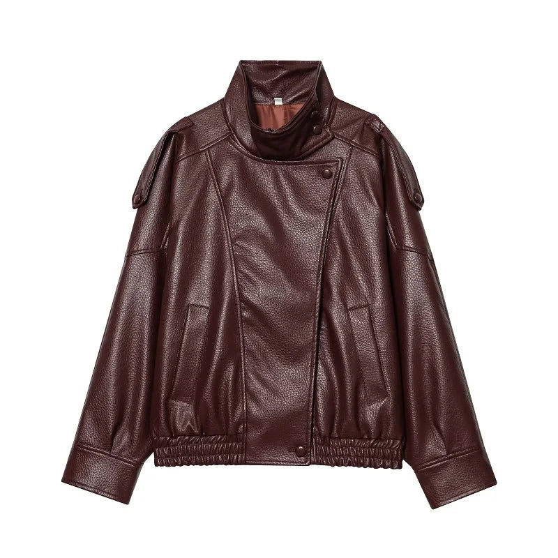 Damen Bikerjacke im Oversize-Stil mit Stehkragen und asymmetrischem Reißverschluss