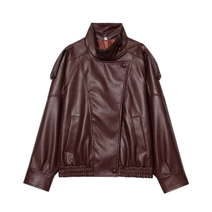 Damen Bikerjacke im Oversize-Stil mit Stehkragen und asymmetrischem Reißverschluss