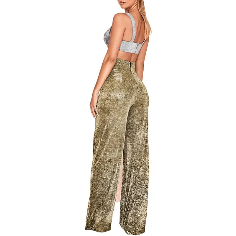 Damen Glitzer Zweiteiler Crop Top und Weite Hose Set Hochglanz Party Outfit