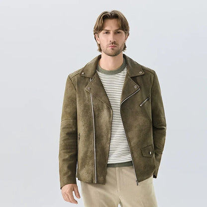 Herren Bikerjacke Wildleder-Optik Asymmetrischer Reißverschluss Braun
