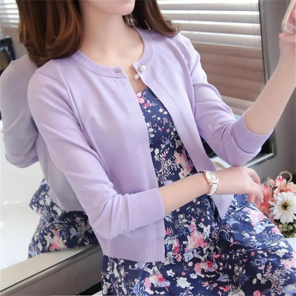 Damen Kurzstrickjacke Bolero Rundhals Langarm Strick-Cardigan