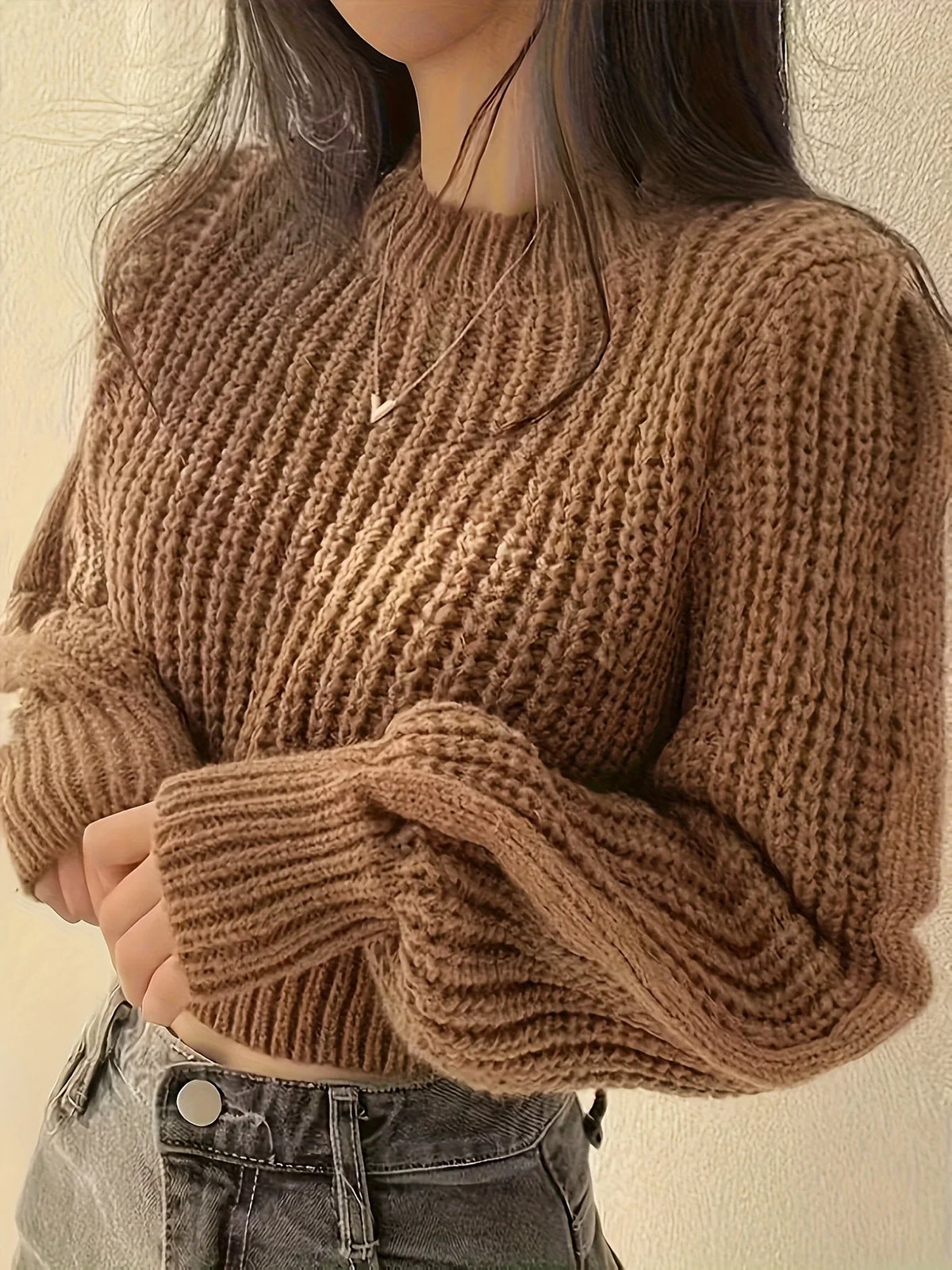 Damen Grobstrick Pullover Cropped Rundhals Lange Ärmel Braun