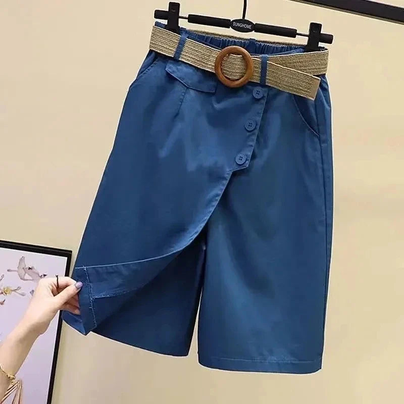 Damen Culottes Shorts mit Wickel-Optik und Gürtel, Knopfleiste, hoher Bund