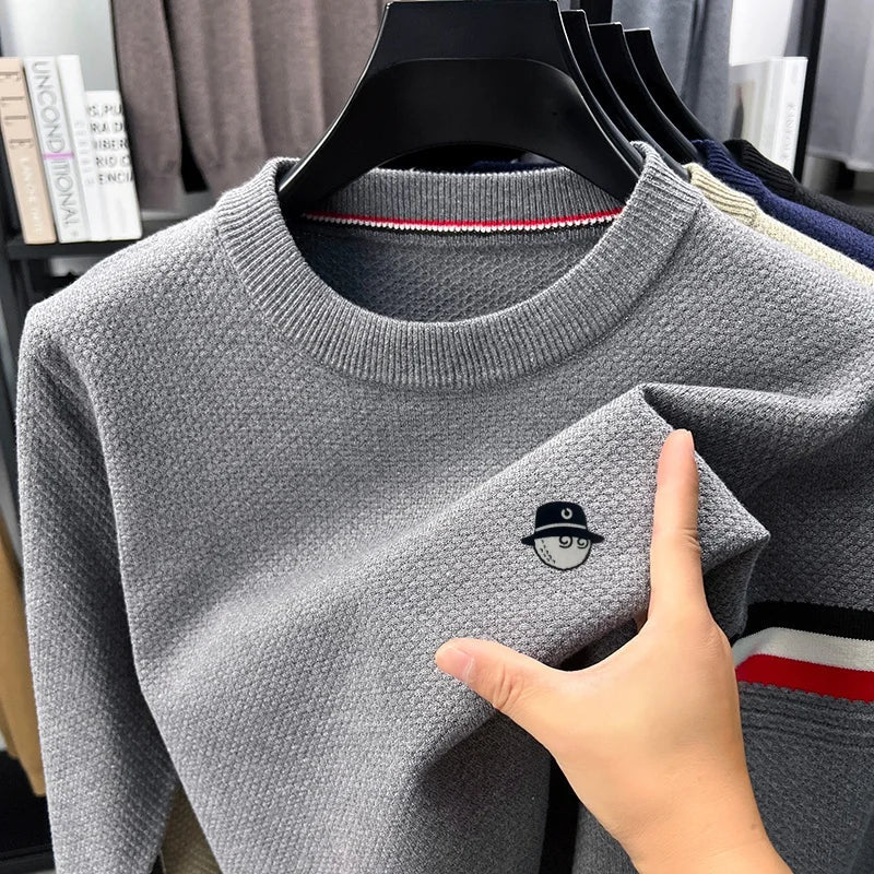Herren Pullover Rundhals Langarm Strickpullover mit Textur und Streifen