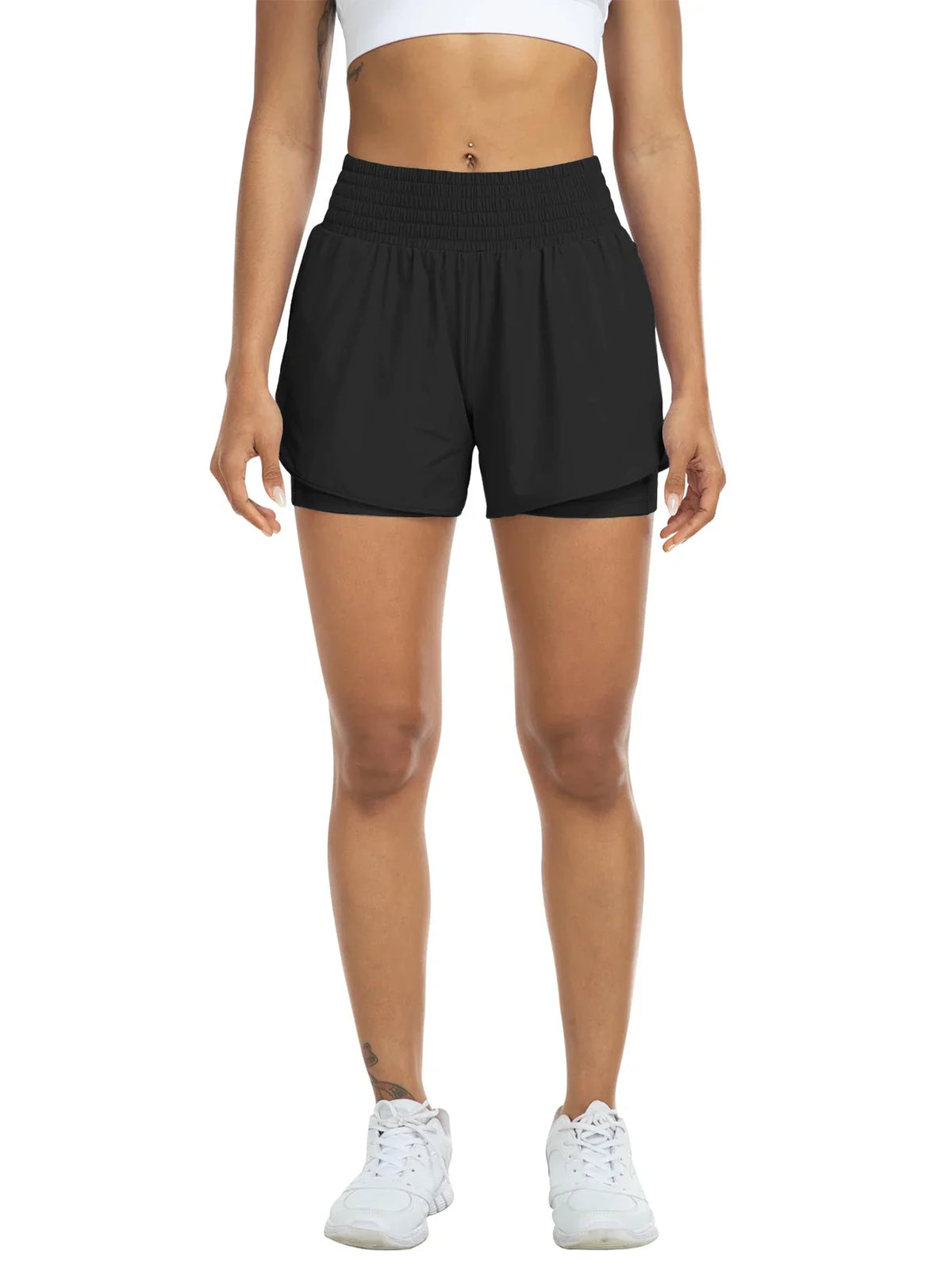 Damen Sportshorts mit hohem Bund und Tasche, 2-in-1-Design
