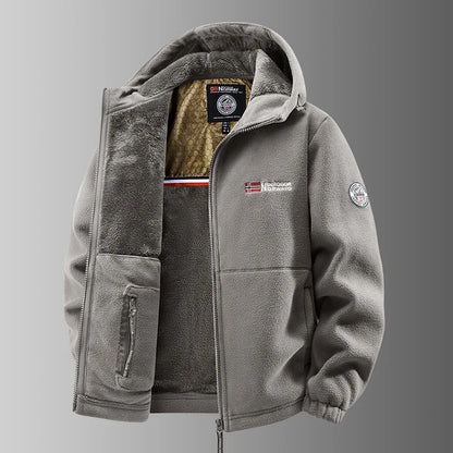 Herren Fleecejacke mit Kapuze und Plüschfutter, durchgehendem Reißverschluss