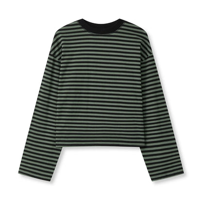 Gestreiftes Langarm Cropped Top Rundhals Damen