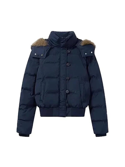 Kurze Steppjacke mit Kapuze und Fellimitat-Besatz für Damen