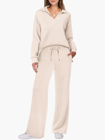 Damen Freizeit-Loungewear Set mit weitem Bein und V-Ausschnitt – Komfortabler Hausanzug