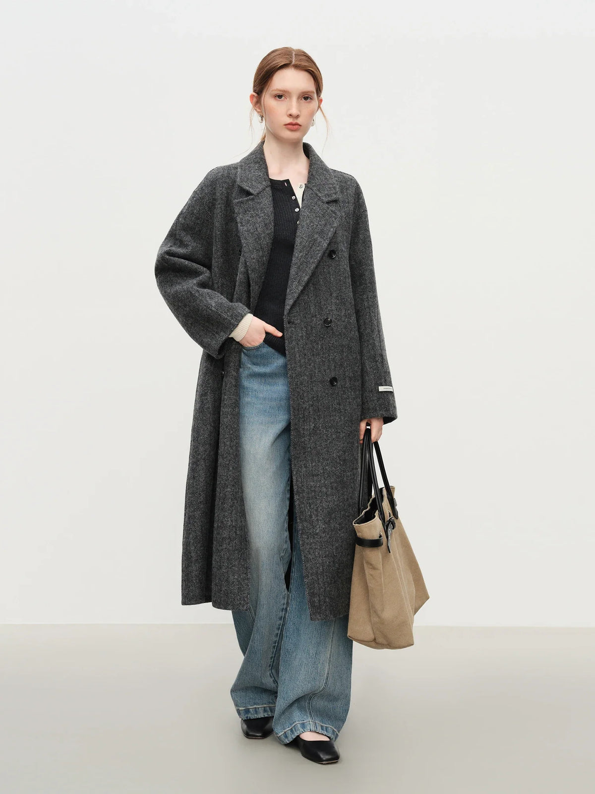 Damen Langer Mantel Zweireihig mit Bindegürtel Klassischer Wollmantel Warm