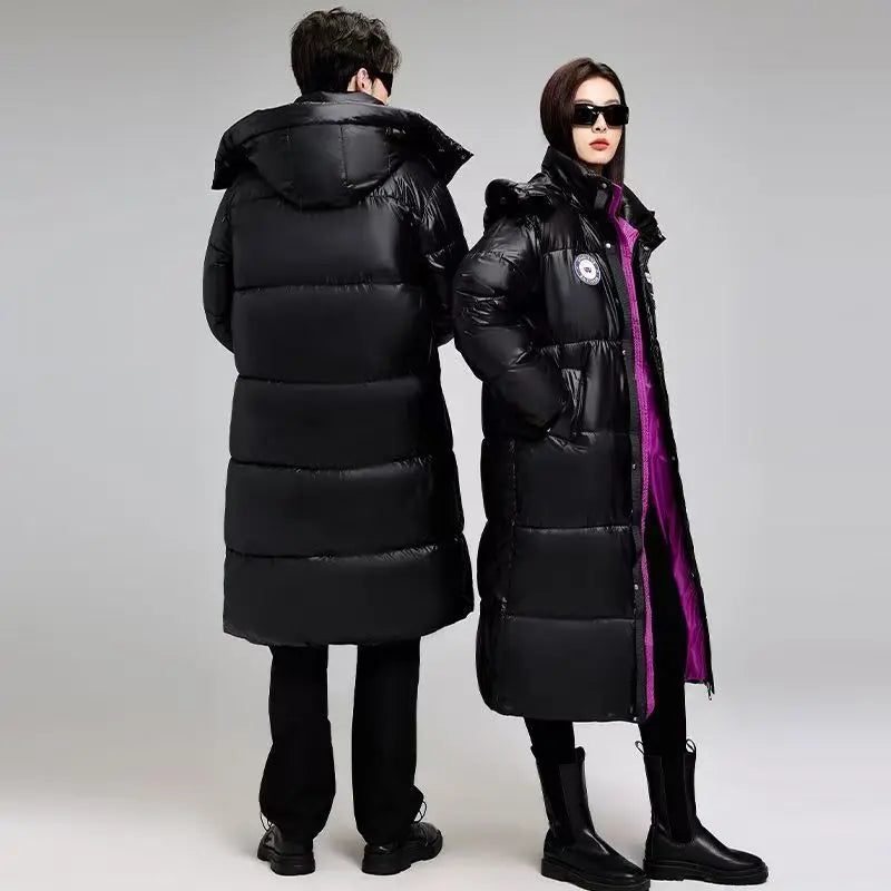 Unisex Langer Steppmantel Schwarz mit Kapuze und Reißverschluss, Wintermantel für Damen & Herren