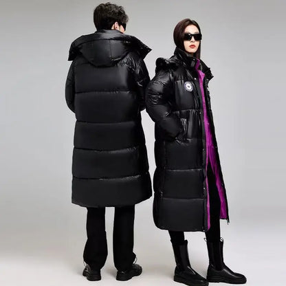 Unisex Langer Steppmantel Schwarz mit Kapuze und Reißverschluss, Wintermantel für Damen & Herren