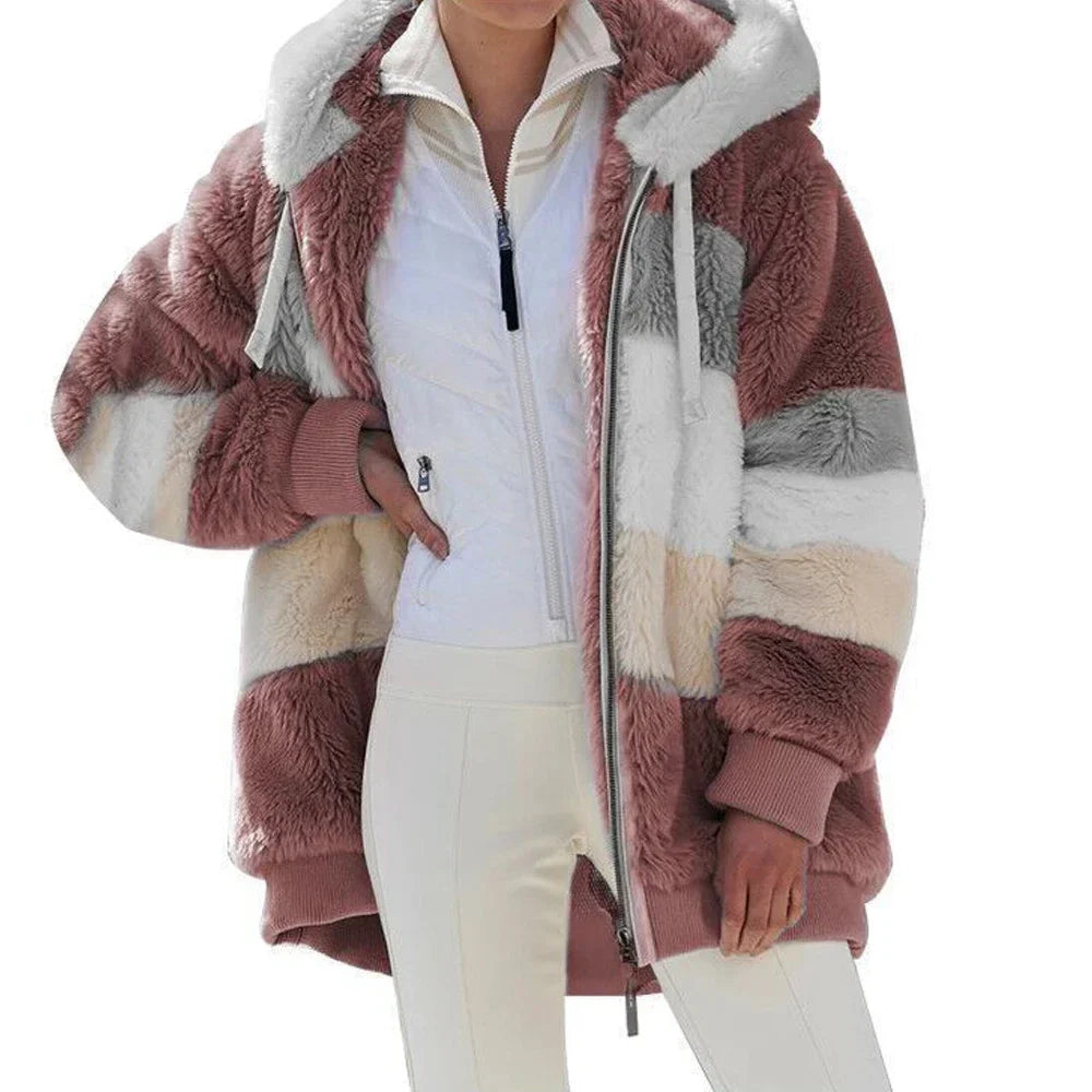 Damen Teddyfell Jacke mit Kapuze Reißverschluss Mehrfarbig Blockstreifen Winter