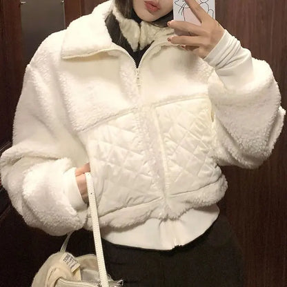 Damen Teddyjacke Kurz Fluffy mit Stepptaschen Schwarz