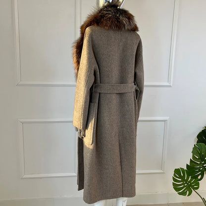 Damen Langer Mantel mit Pelzkragen Grau Beige