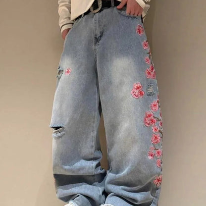 Loose Fit Jeans Damen Weite Bein Sakura-Stickerei Zerrissenes Design
