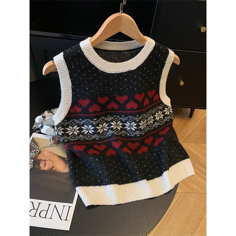Strick Weste Damen Rundhals Fair Isle Muster Herz Schneeflocke