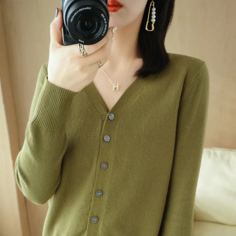 Damen Cardigan V-Ausschnitt Langarm Strickjacke mit Knöpfen