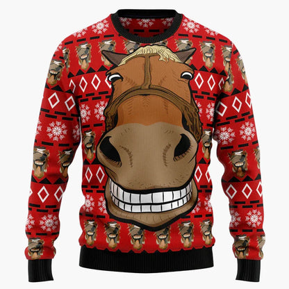 Unisex Lustiger Weihnachtspullover mit lachendem Pferde-Motiv – Perfekt für Ugly Christmas Sweater Partys