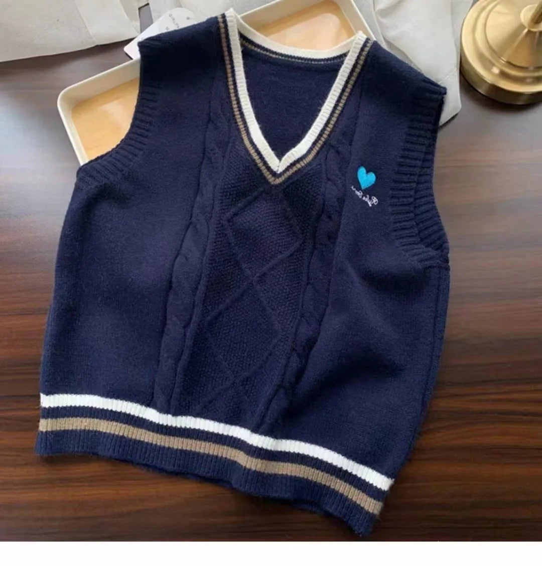 Strick Weste Damen V-Ausschnitt Zopfmuster College-Stil Ärmelloser Pullover