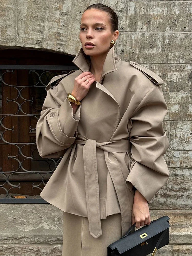 Damen Oversize Trenchcoat Mantel Lang Windbreaker Khaki