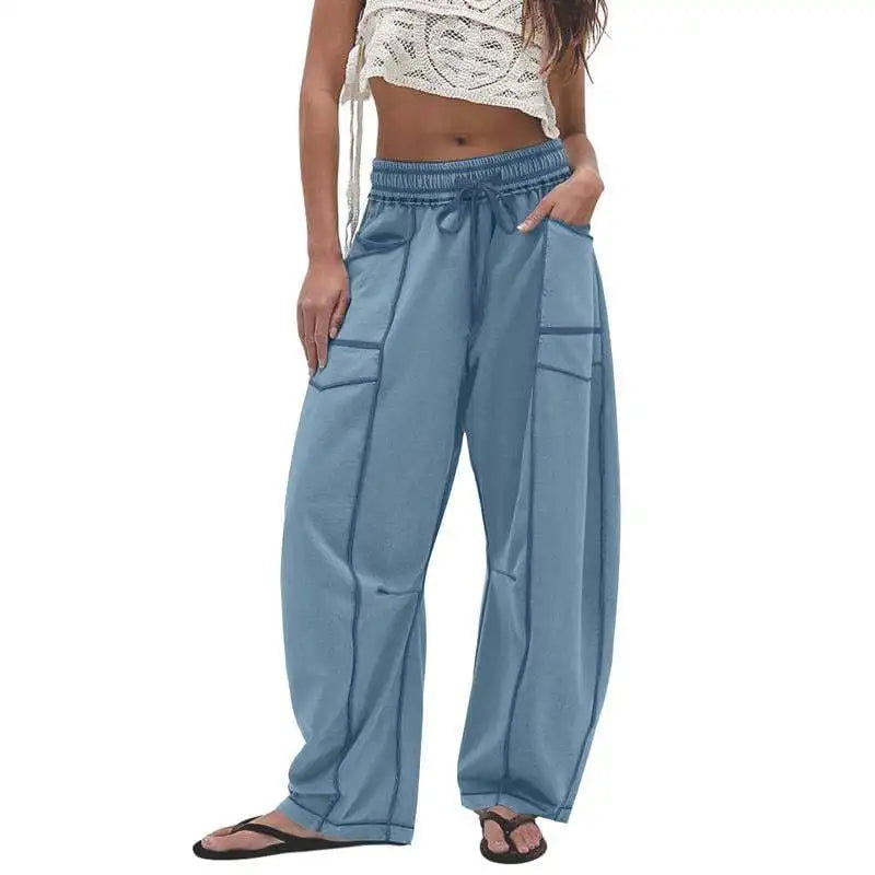 Damen Freizeithose Braun Weites Bein Elastischer Bund Kordelzug