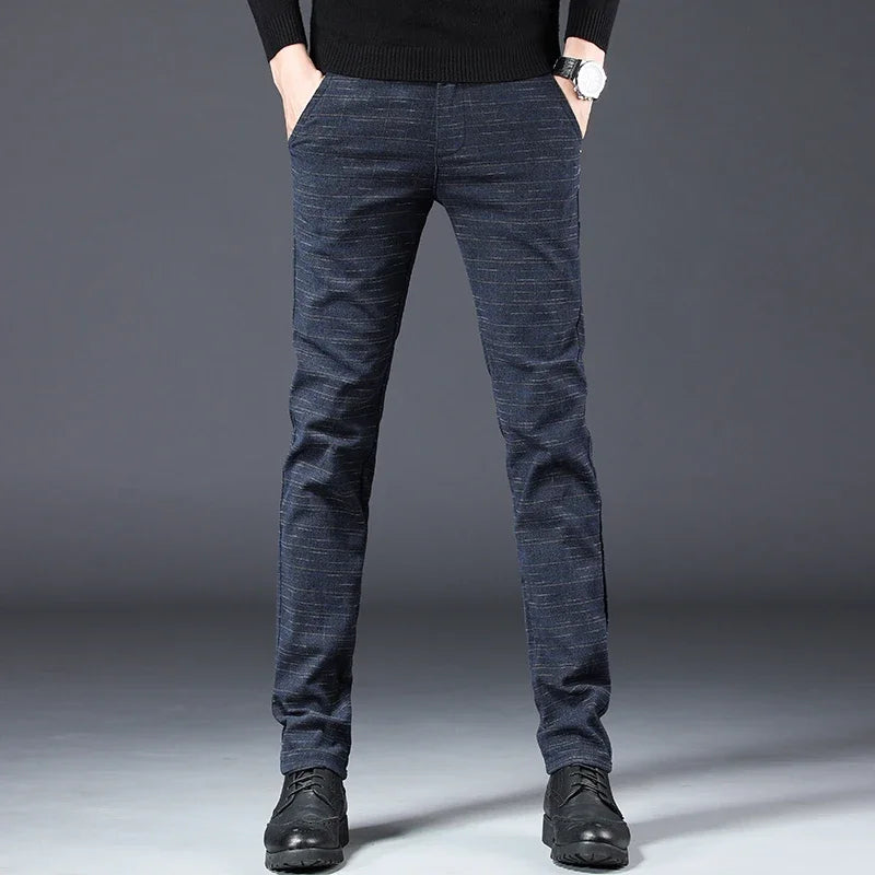 Herren Hose Grau Kariert Slim Fit Stoffhose