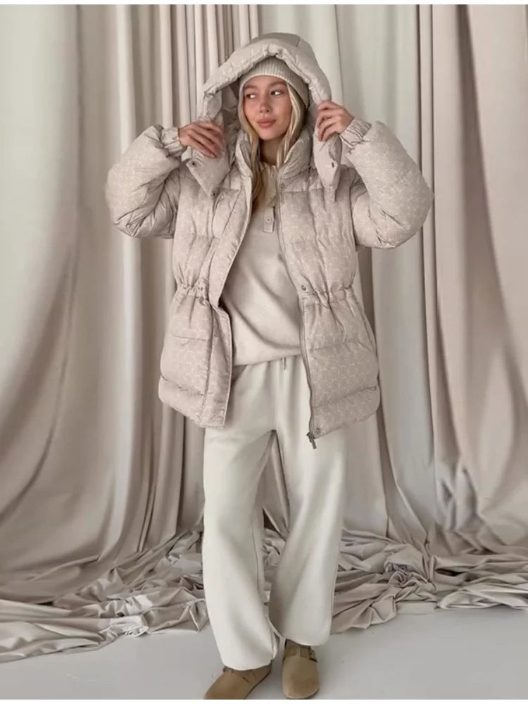 Damen Steppjacke mit Kapuze und Kordelzug, kurzer Puffermantel, gemustert