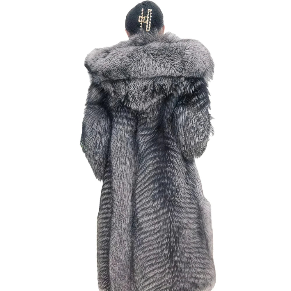Damen Langer Pelzmantel mit Kapuze Grau/Silber Optik