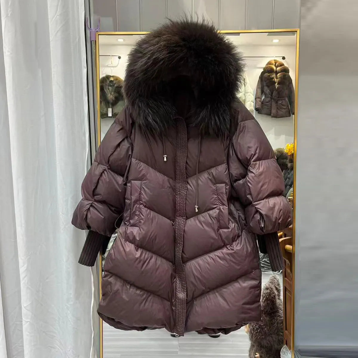 Damen Steppmantel mit Kapuze und Fellimitatbesatz, Warm Gefütterter Winterparka