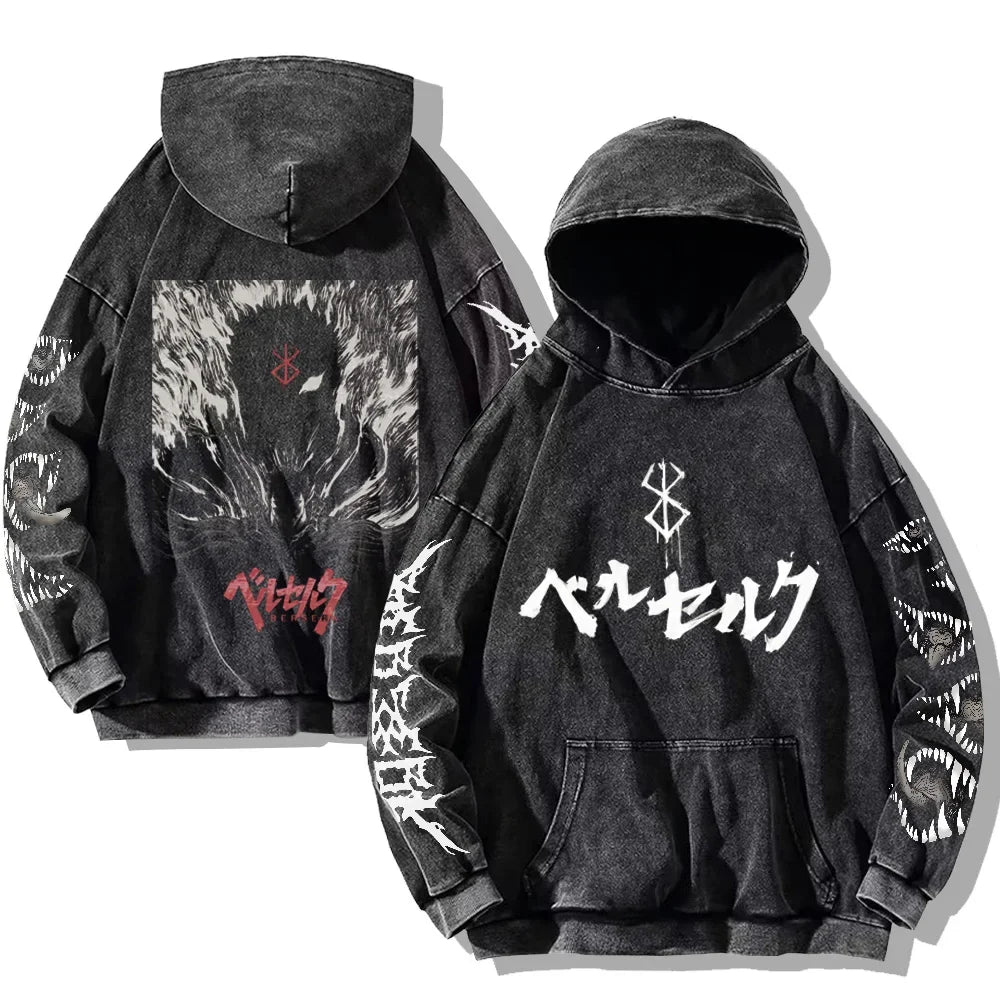 Oversized Kapuzenpullover Dunkelgrau mit Front- und Rückenprint und Ärmelprints