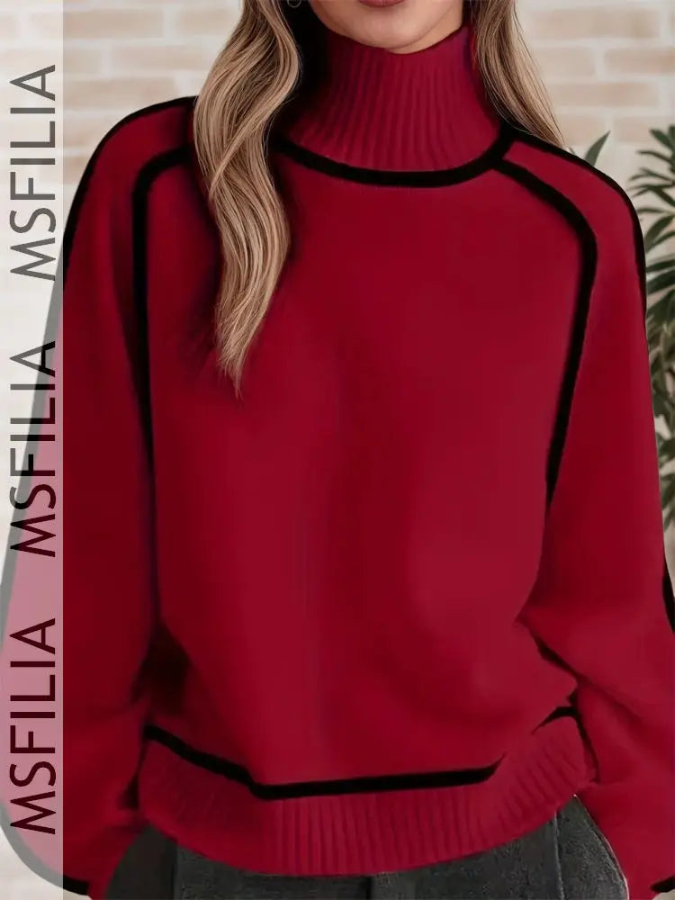 Damen Rollkragenpullover mit Kontrastbesatz