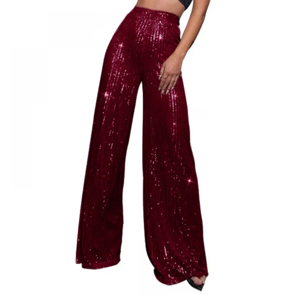 Damen Pailletten Weite Hose mit Hohem Bund Glamourös Glänzend Violett