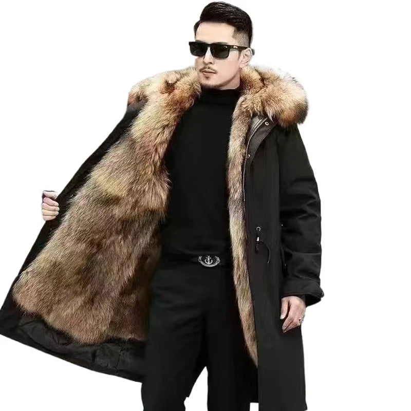 Herren Winterparka Schwarz mit Plüschfutter und Pelzbesatz Kapuze