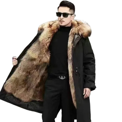 Herren Winterparka Schwarz mit Plüschfutter und Pelzbesatz Kapuze