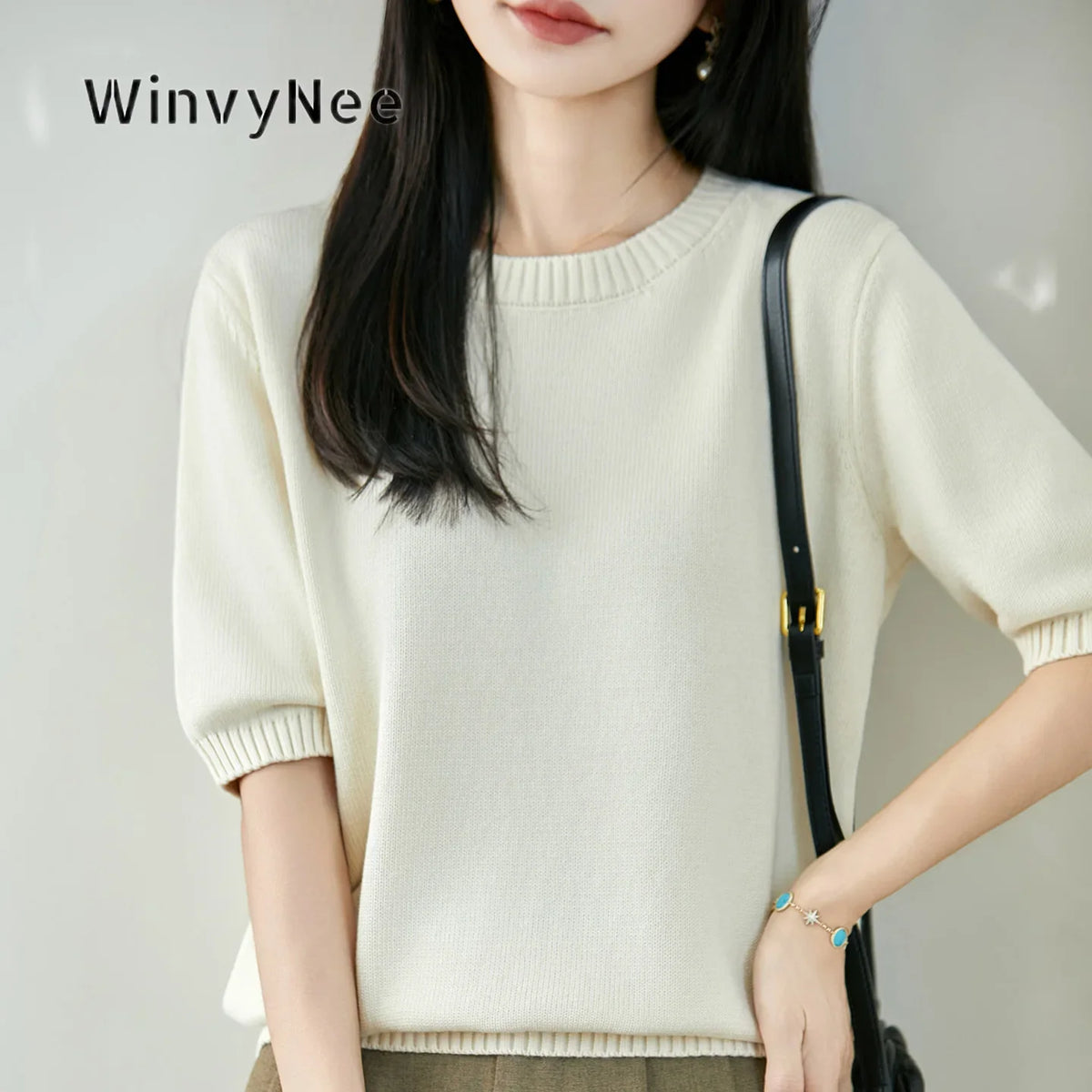 Damen Kurzarm Strickpullover Rundhals Weich Strickshirt