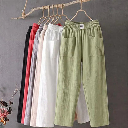 Damen Leinenhose Weites Bein Elastischer Bund Hoher Taille Mehrfarbig