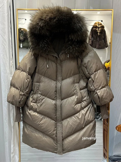 Damen Steppmantel mit Kapuze und Fellimitatbesatz, Warm Gefütterter Winterparka