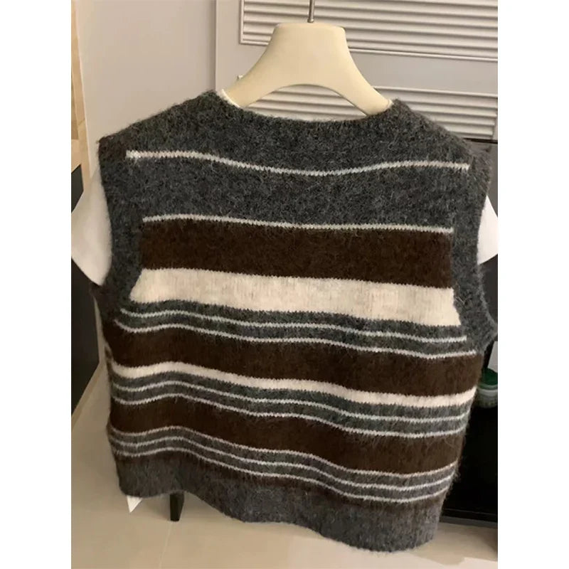 Damen Strickweste gestreift mit Knöpfen - Grau Braun Beige