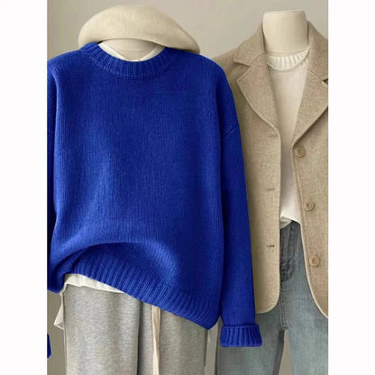 Damen Strickpullover Rundhals Rippstrick Oversize
