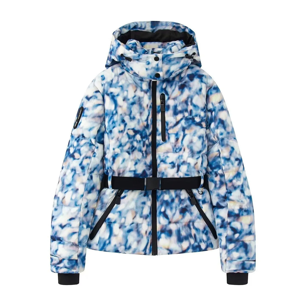 Gepolsterte Damen Winterjacke mit Kapuze und Gürtel, kurzer Schnitt, in Schwarz