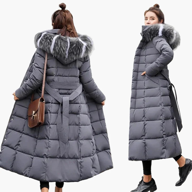 Damen Winter Steppmantel mit Kapuze und Fellkragen – Eleganter langer Mantel für Alltag & Freizeit, Koreanischer Stil