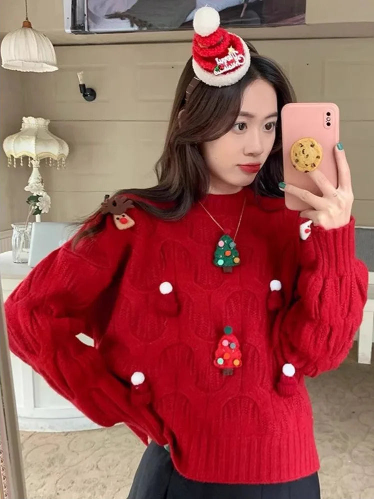 Damen Weihnachtspullover mit Zopfmuster & festlichen Applikationen – Weihnachten Strickpullover