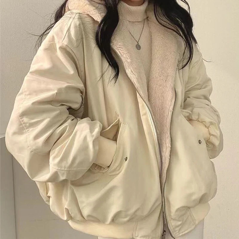 Damen Bomberjacke mit Kapuze Teddyfleece Futter Reißverschluss