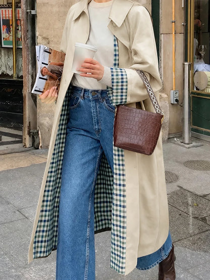 Damen Trenchcoat Lang Übergangsjacke Kariert Gefüttert Khaki Beige Schwarz Zweireiher