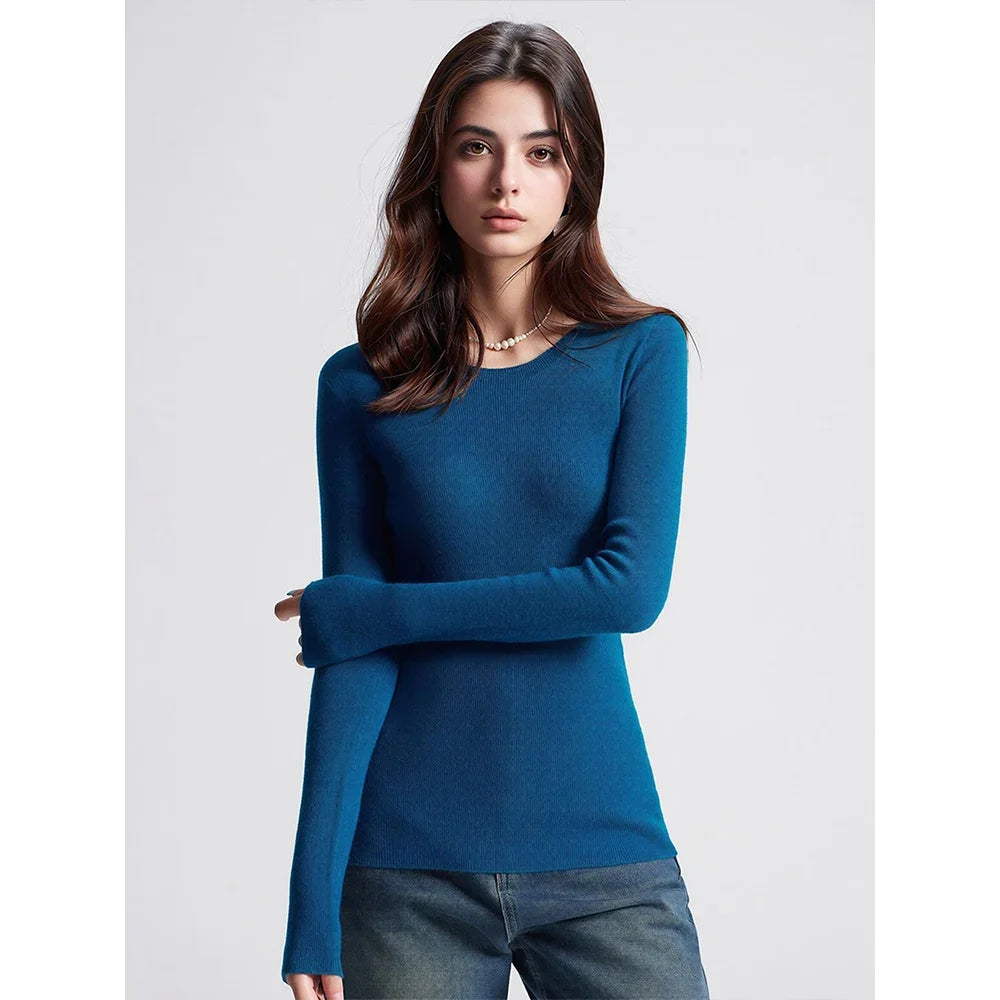 Damen Langarmshirt Rundhals Basic Slim Fit Pullover Gerippt
