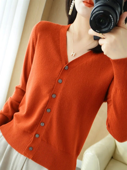 Damen Cardigan V-Ausschnitt Langarm Strickjacke mit Knöpfen